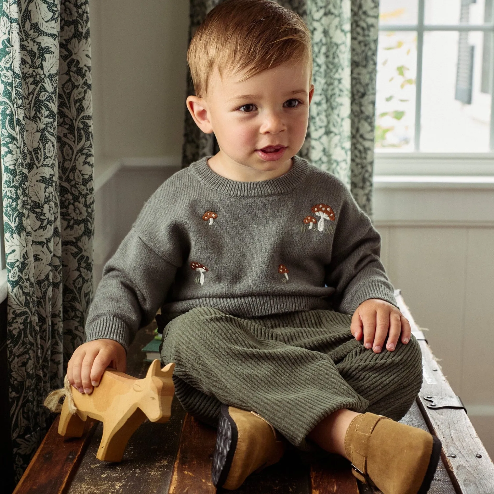 Baby Boys Dark Green Embroidered Mushrooms Viscose Sweater
