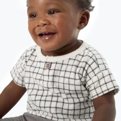 Baby Boys Grey Plaid Henley Drop Shoulder Top