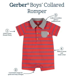 Baby Boys Red & Blue Stripe Collared Romper