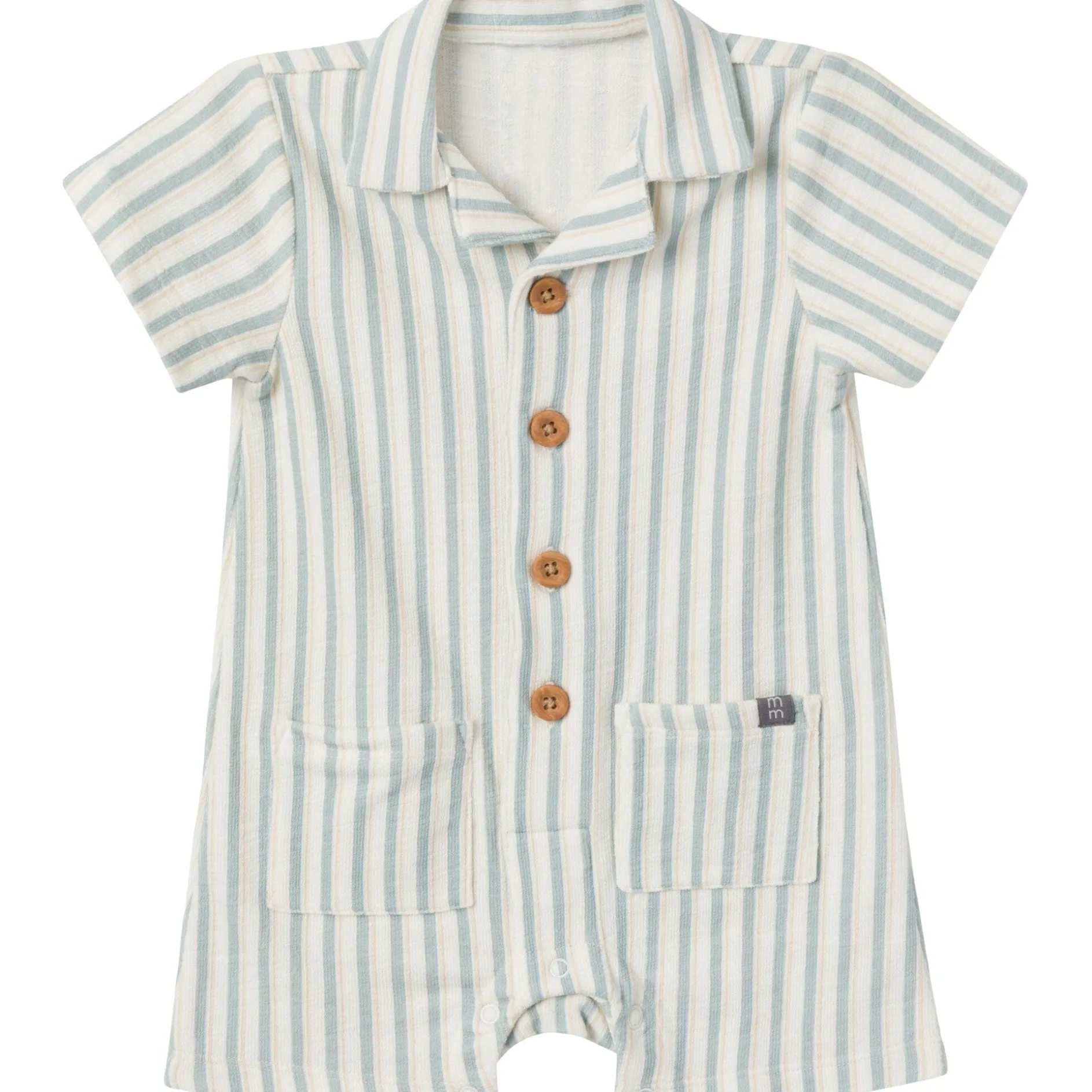 Baby Boys Teal Stripe Collared Short Sleeve Romper
