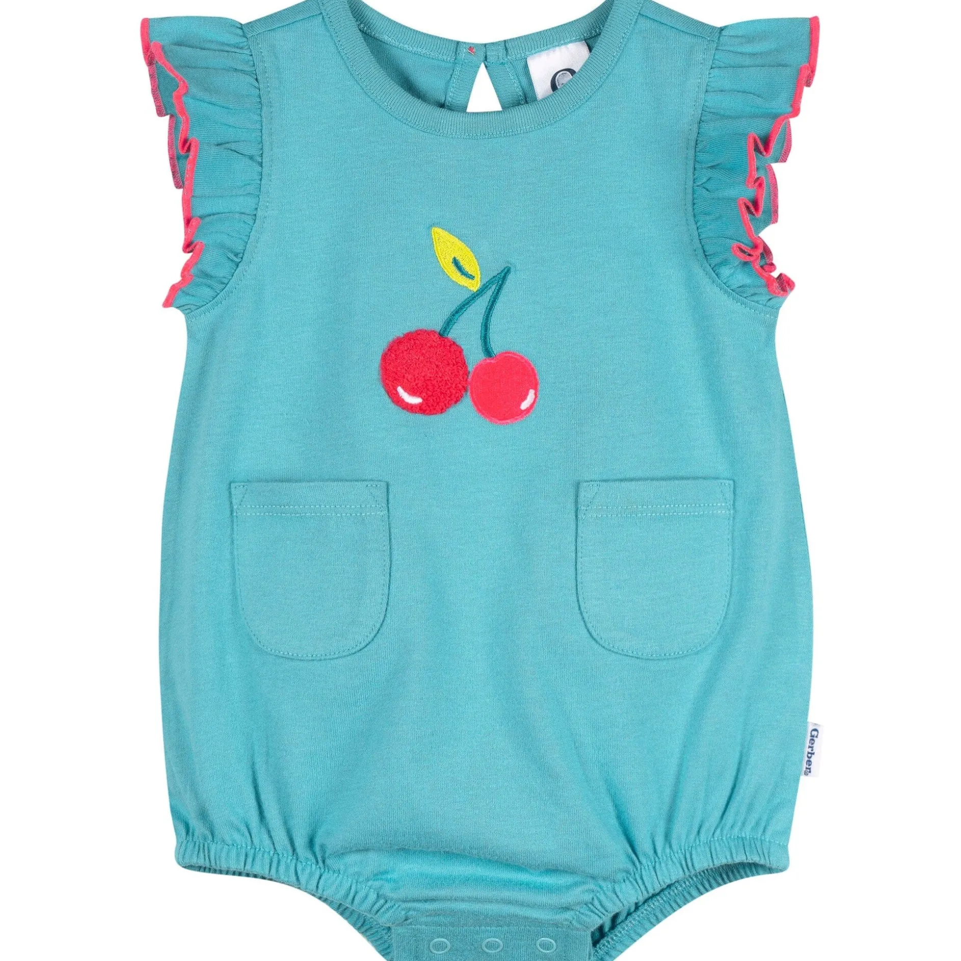 Baby Girls Aqua Cherries Pocket Bubble Romper
