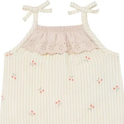 Baby Girls Beige Cherry Stripe Sleeveless Ruffle Romper