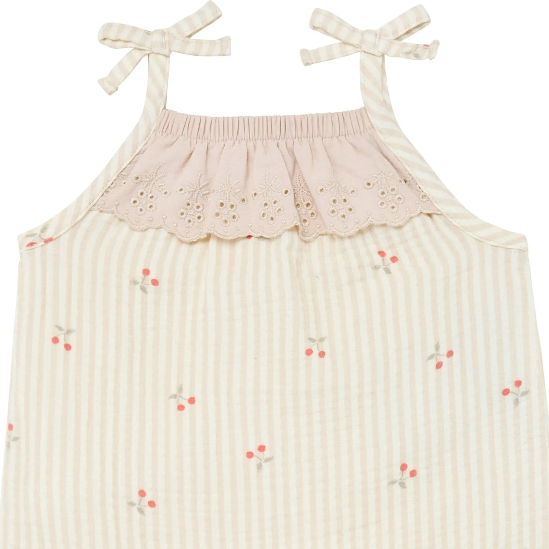 Baby Girls Beige Cherry Stripe Sleeveless Ruffle Romper