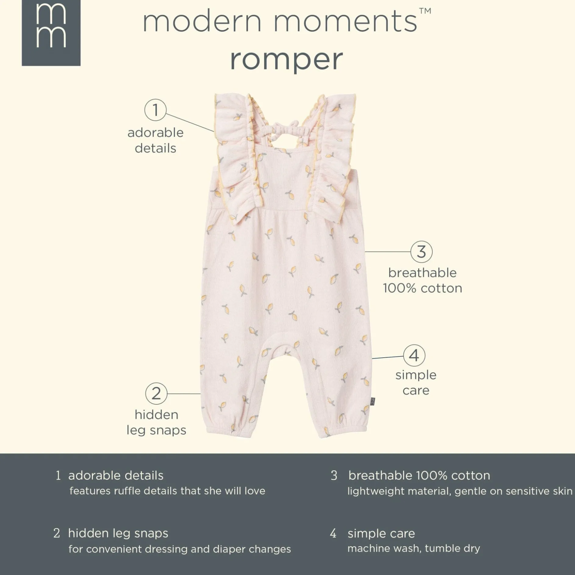 Baby Girls Rose Lemons Ruffles Long Leg Romper