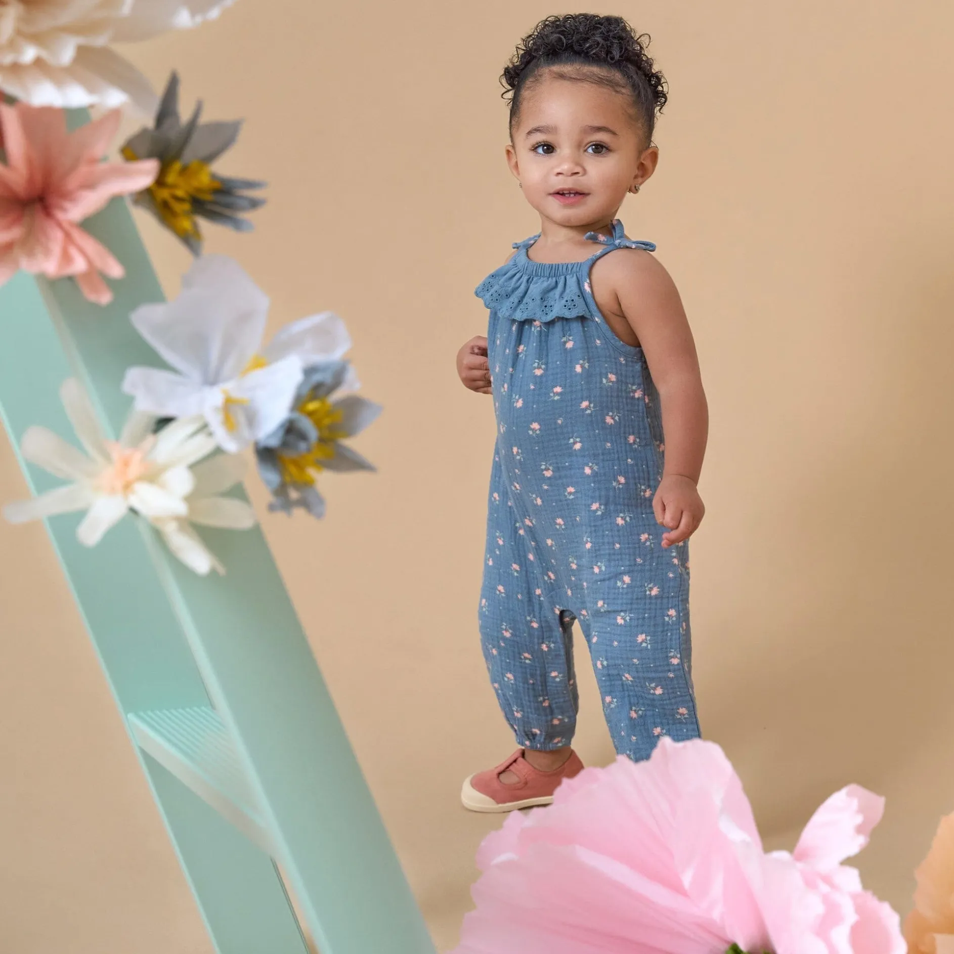 Baby Girls Teal Aster Flower Sleeveless Ruffle Romper