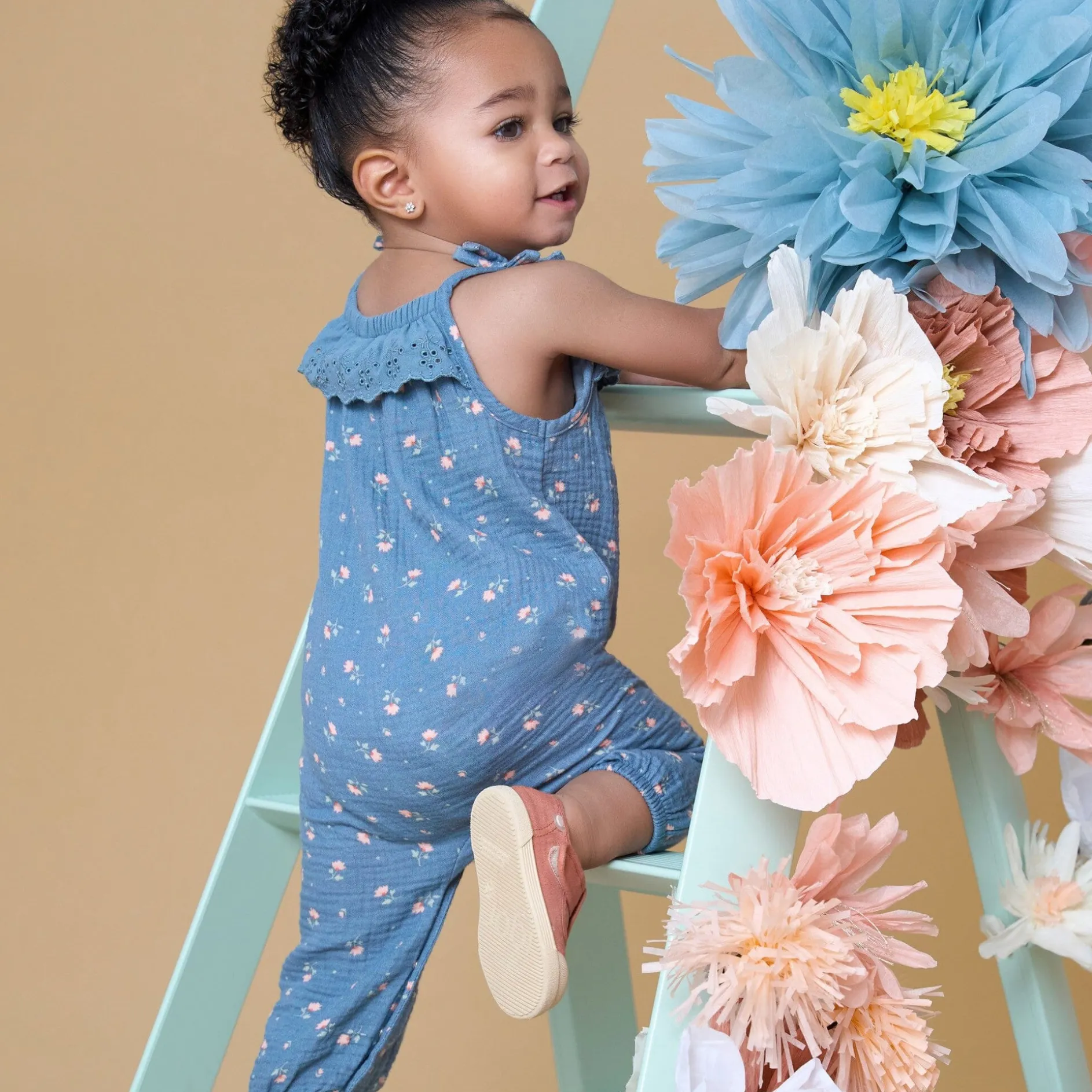 Baby Girls Teal Aster Flower Sleeveless Ruffle Romper