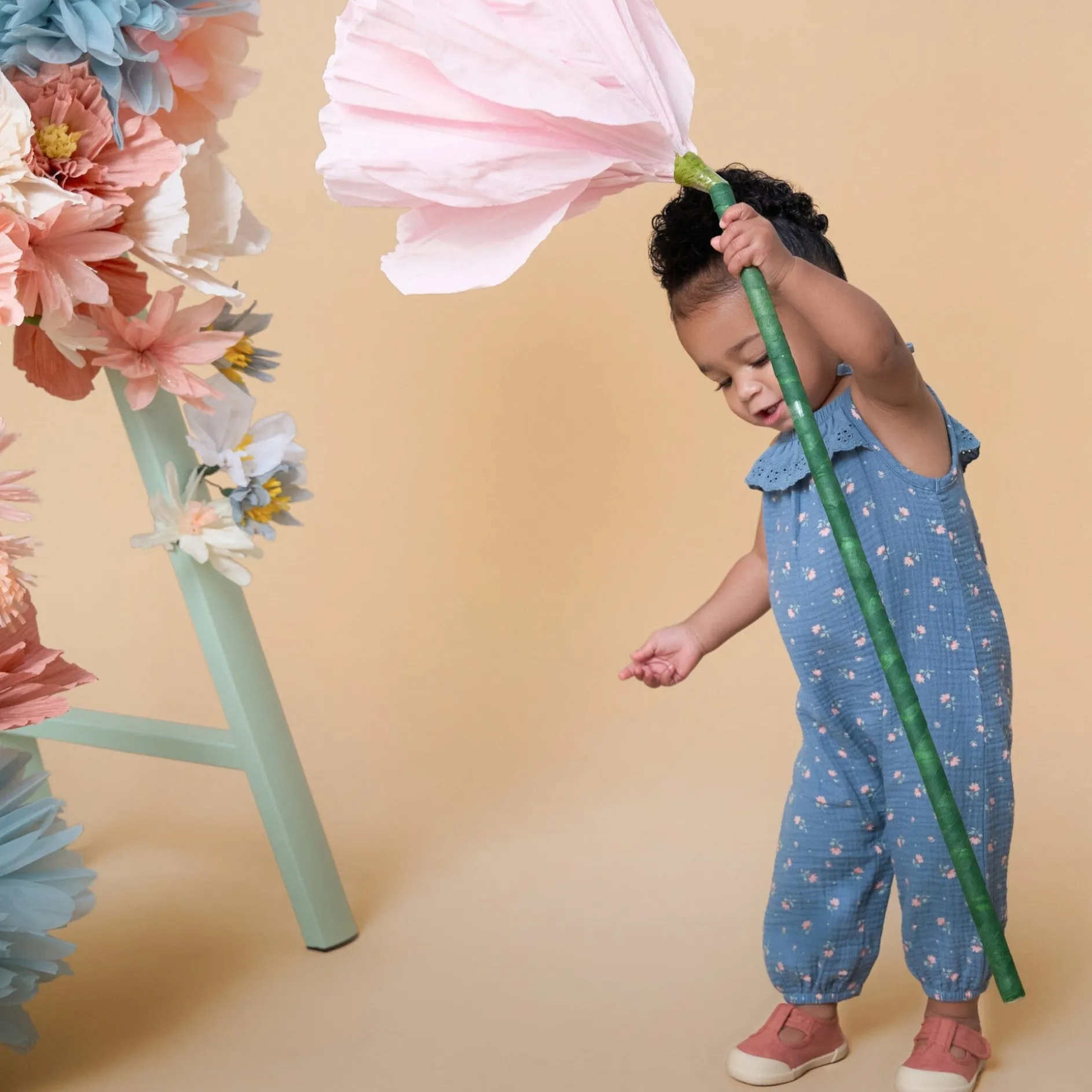 Baby Girls Teal Aster Flower Sleeveless Ruffle Romper