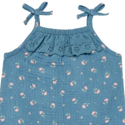 Baby Girls Teal Aster Flower Sleeveless Ruffle Romper
