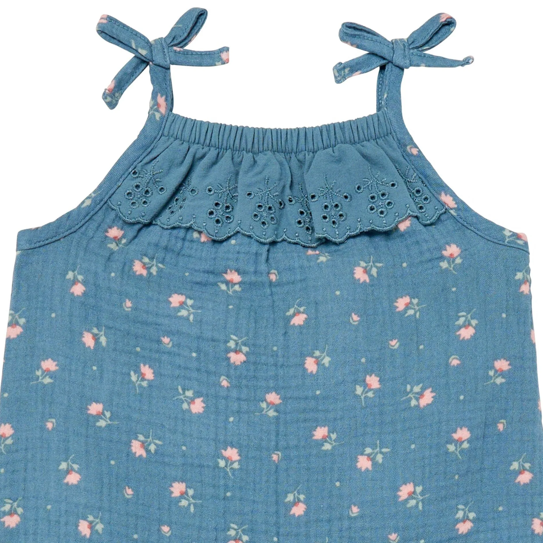 Baby Girls Teal Aster Flower Sleeveless Ruffle Romper