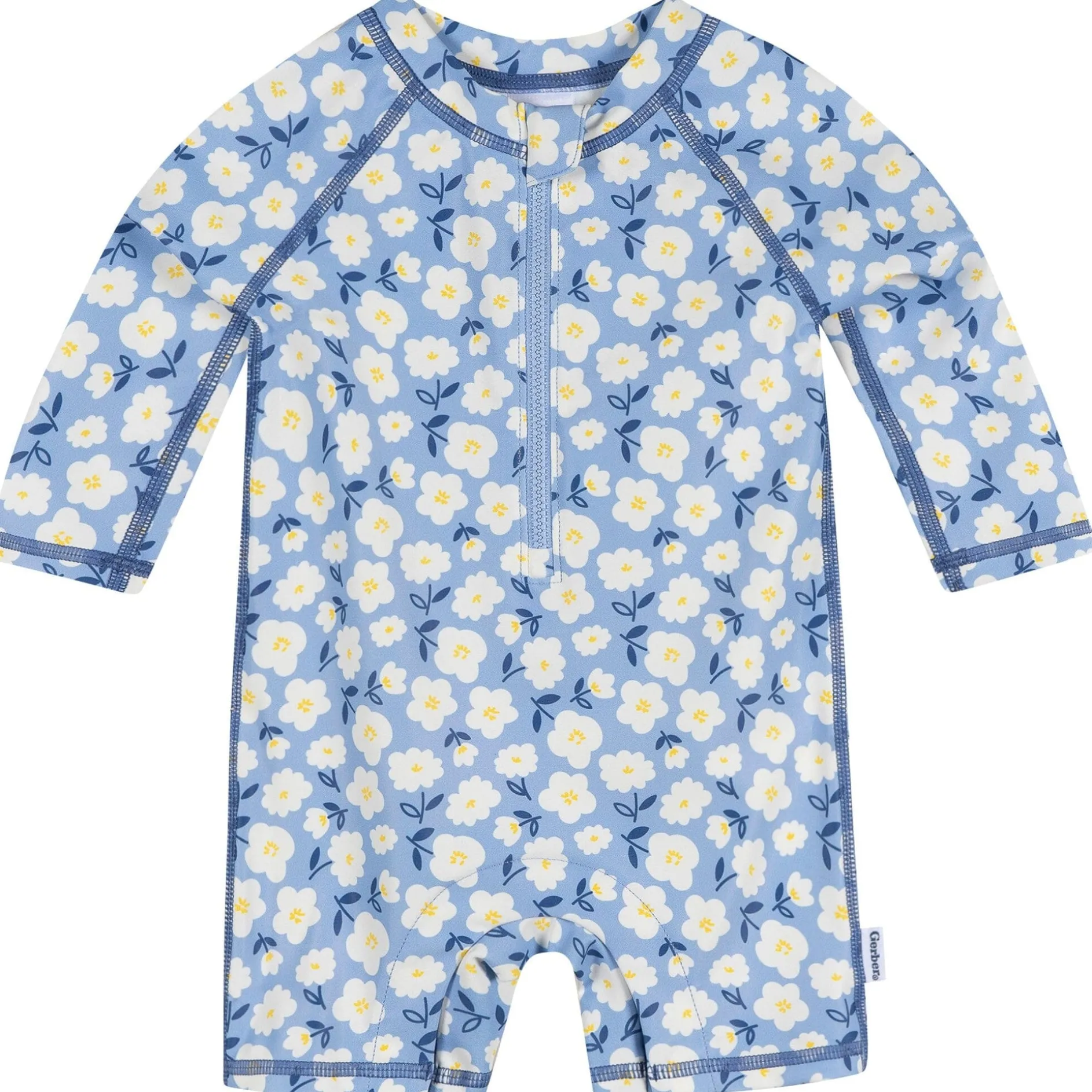 Baby Girls UPF 50+ Blue Daisies Long Sleeve Rash Guard
