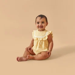 Baby Girls Yellow Vine Flower Ruffle Bubble Romper