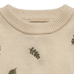 Baby Neutral Light Beige Embroidered Leaves Viscose Sweater