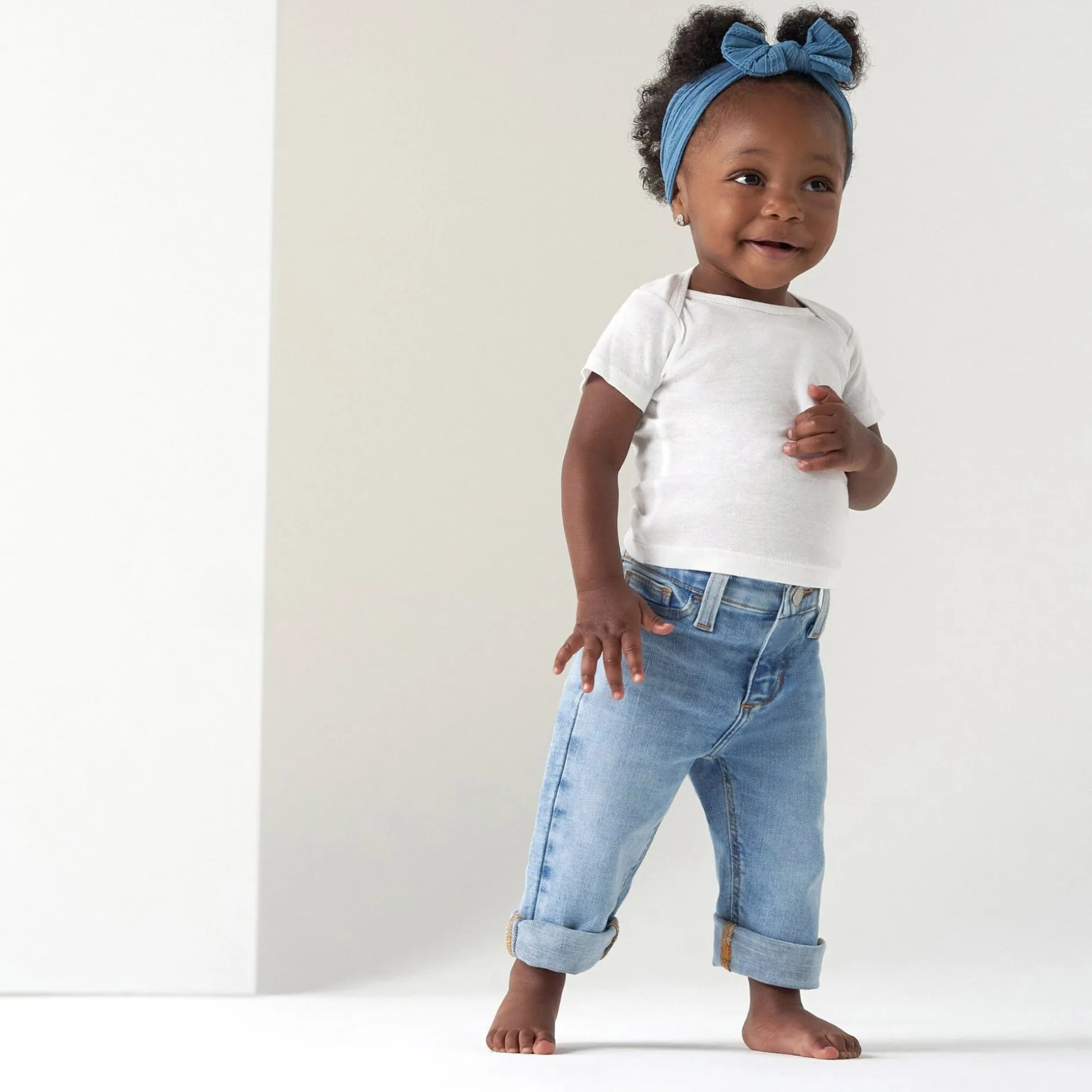 Baby Neutral Light Blue Straight Fit Denim Jeans With Elastic Back