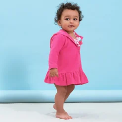 Embroidered Baby & Toddler Girls Pink Hooded Zip Front Terry Swim Coverup