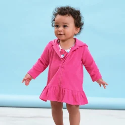 Embroidered Baby & Toddler Girls Pink Hooded Zip Front Terry Swim Coverup