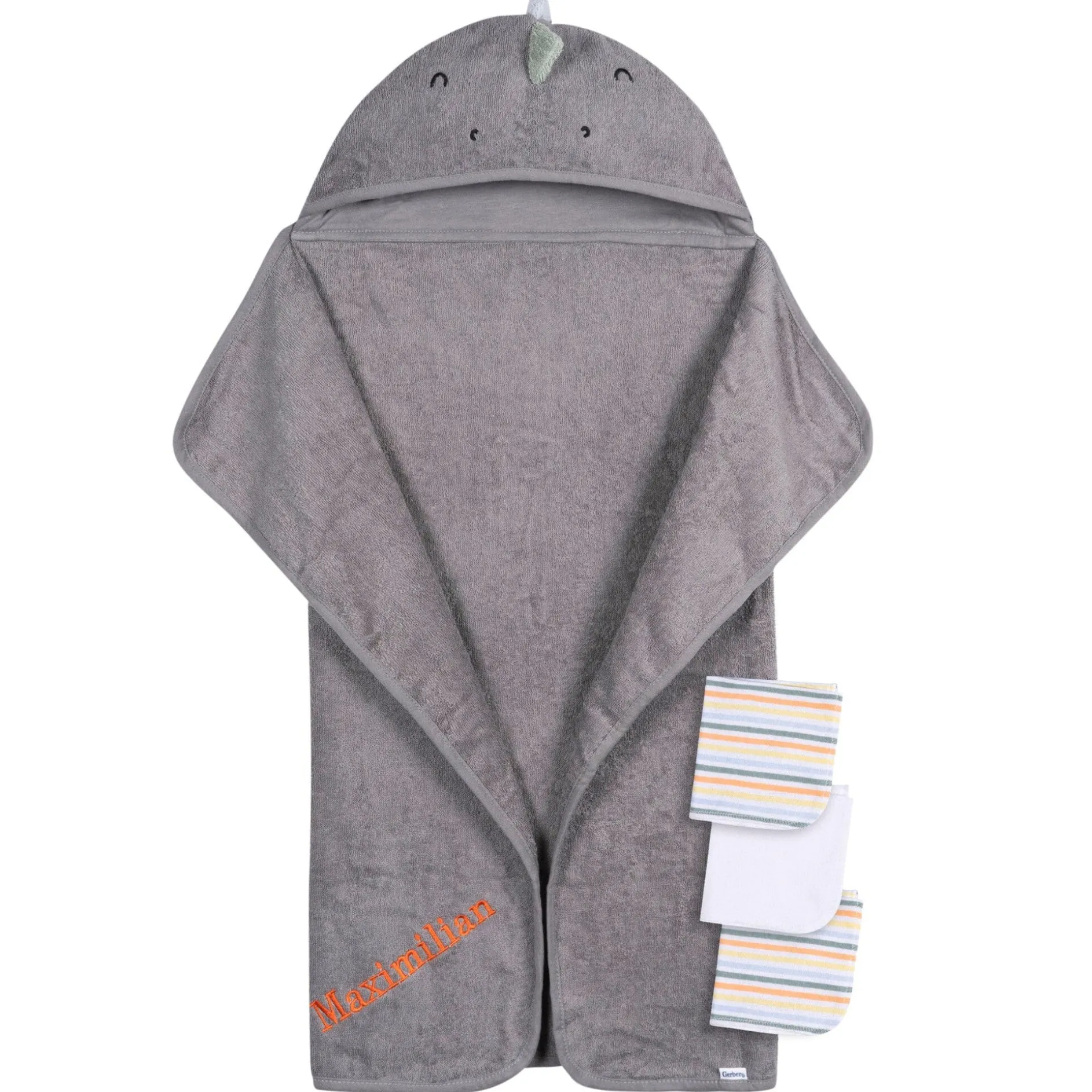Embroidered 4-Piece Baby Boys Charcoal Dino Towel & Washcloths Set