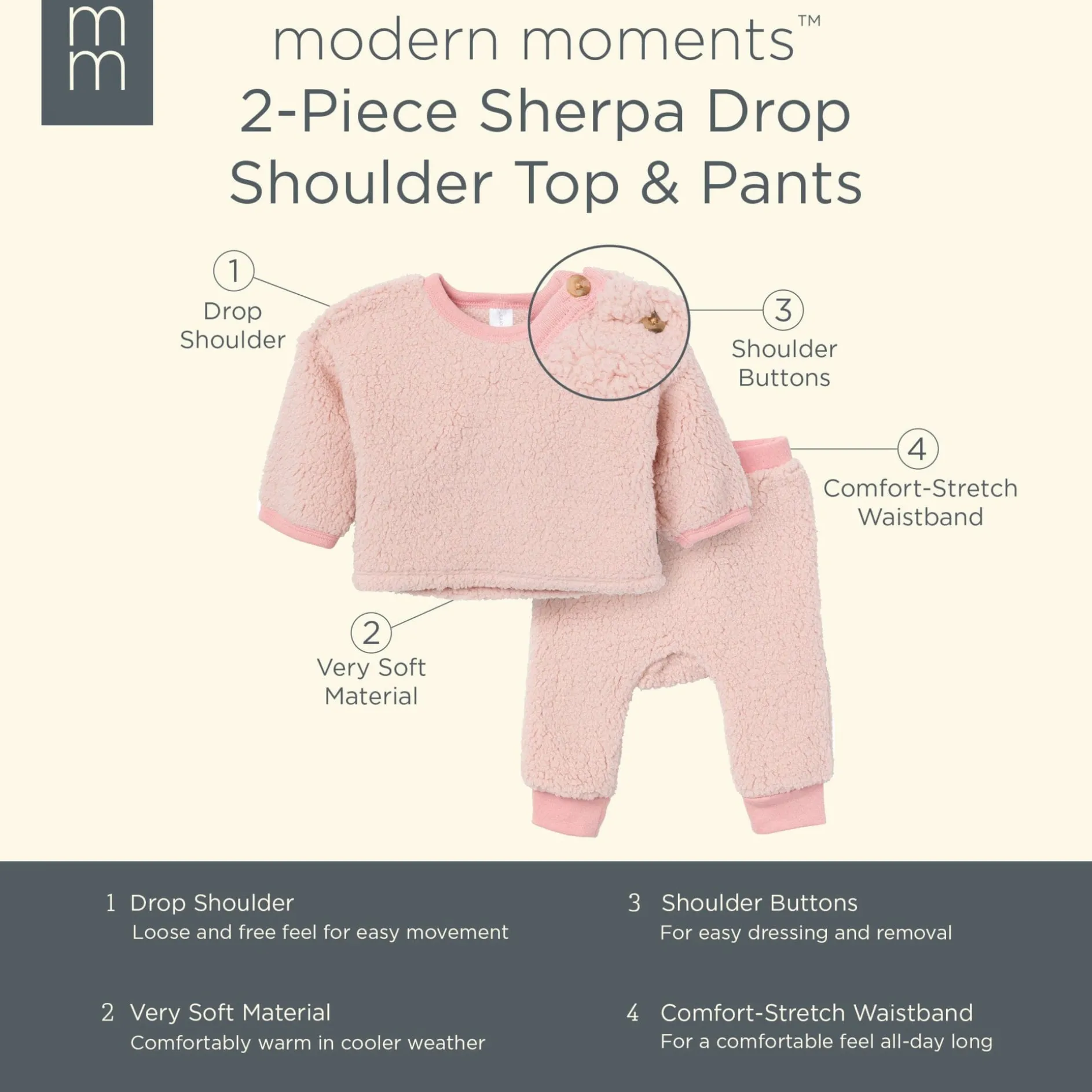 Embroidered 2-Piece Baby Girls Light Pink Sherpa Drop Shoulder Top & Pants
