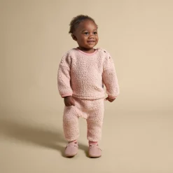 Embroidered 2-Piece Baby Girls Light Pink Sherpa Drop Shoulder Top & Pants