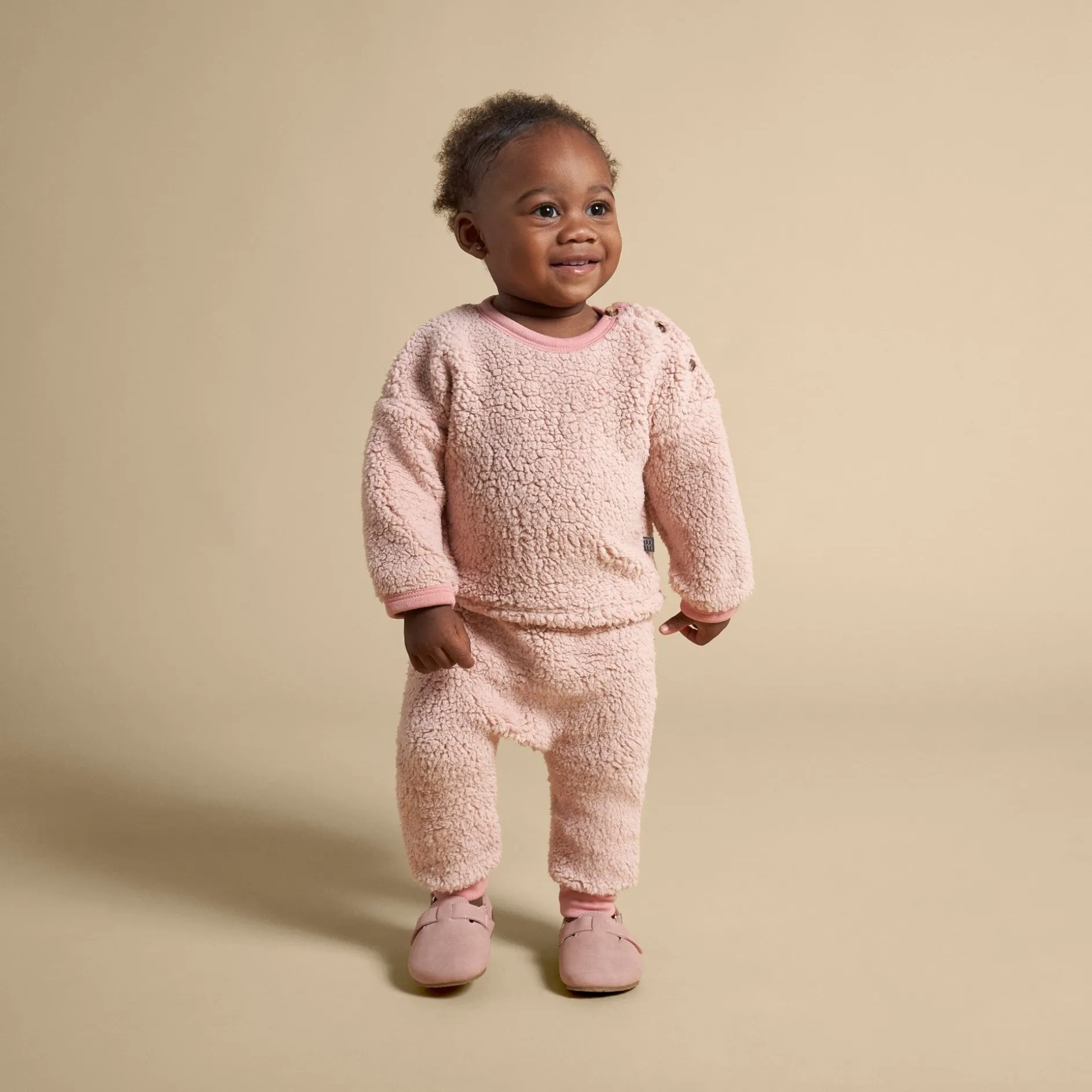 Embroidered 2-Piece Baby Girls Light Pink Sherpa Drop Shoulder Top & Pants