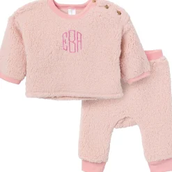 Embroidered 2-Piece Baby Girls Light Pink Sherpa Drop Shoulder Top & Pants