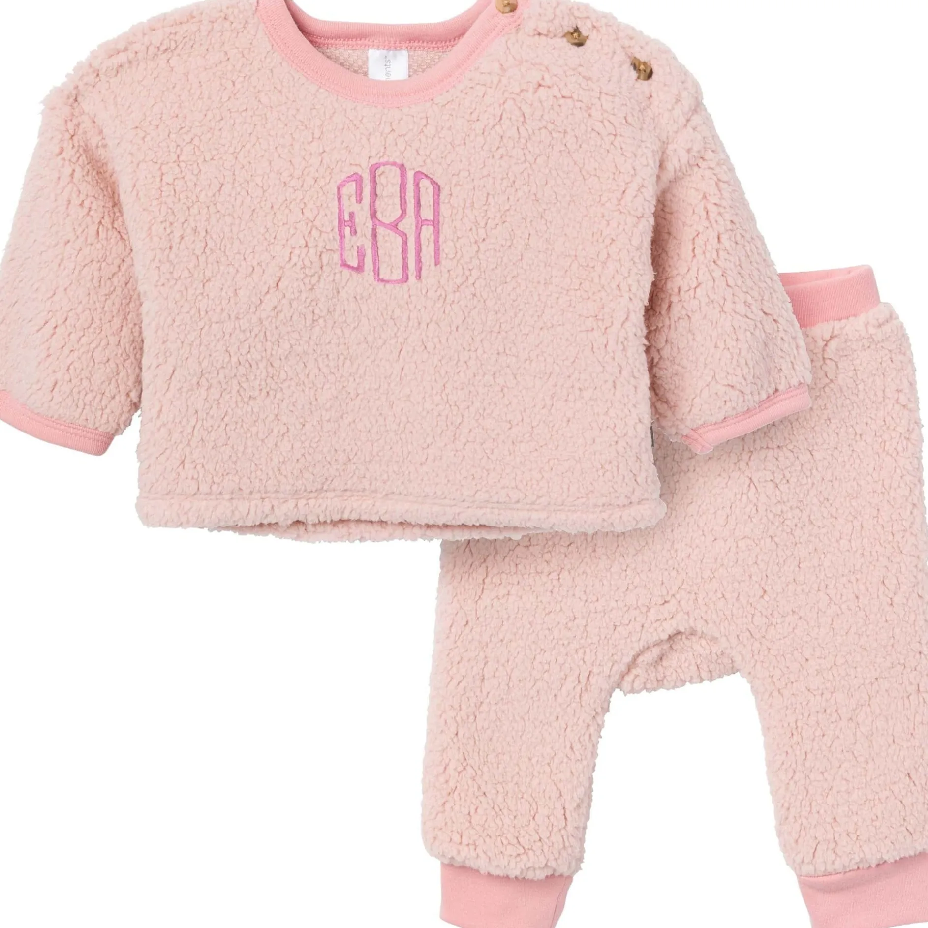 Embroidered 2-Piece Baby Girls Light Pink Sherpa Drop Shoulder Top & Pants