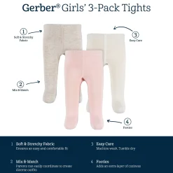3-Pack Baby and Toddler Girls Oatmeal Heather, Ivory, and Pink Tights