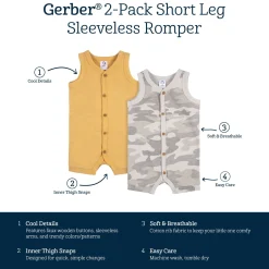 2-Pack Baby Boys Camo & Yellow Short Leg Sleeveless Romper, 0-3M