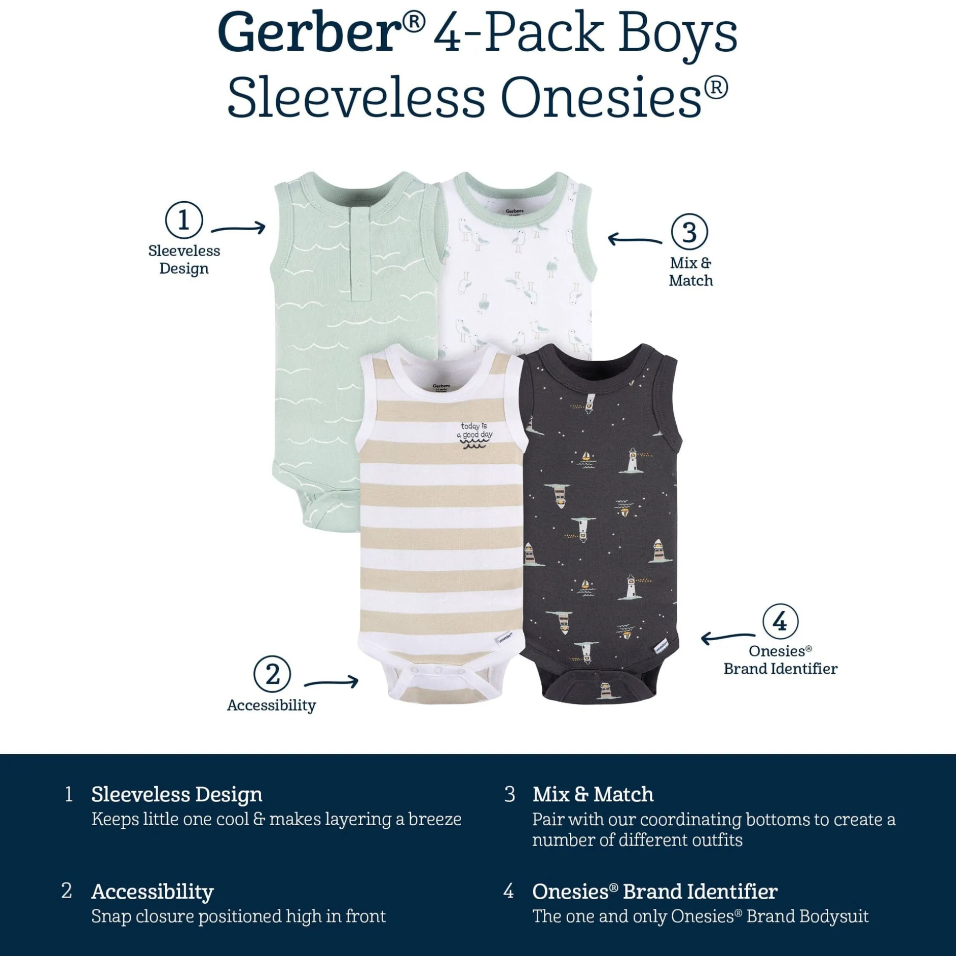 4-Pack Baby Boys Coastal Sleeveless Onesies® Bodysuits