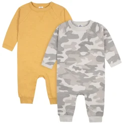 2-Pack Baby Boys Gray Camo & Yellow Raglan Sleeve Romper, 0-3M