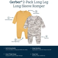 2-Pack Baby Boys Gray Camo & Yellow Raglan Sleeve Romper, 0-3M
