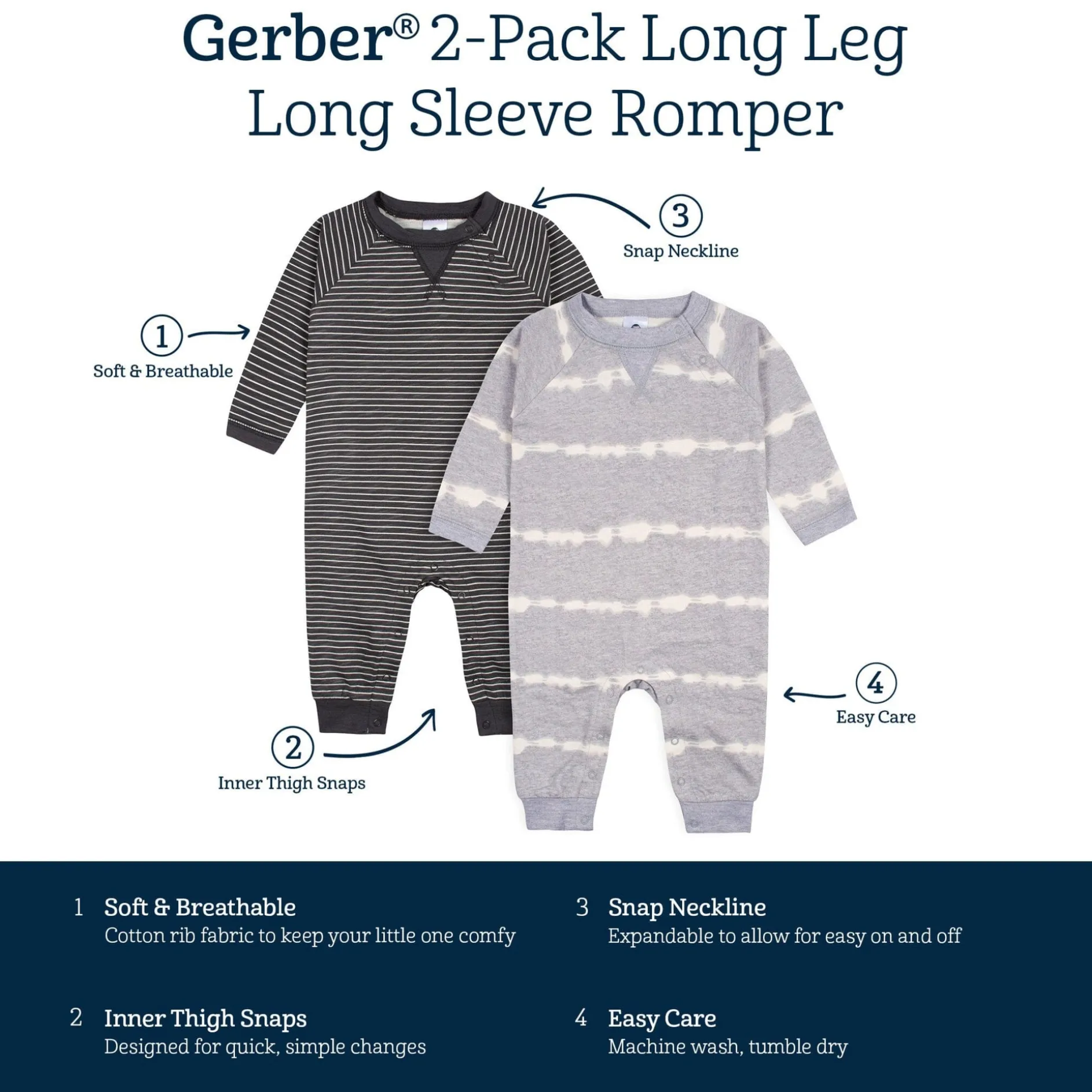 2-Pack Baby Boys Light Gray Tie Dye & Striped Raglan Sleeve Romper