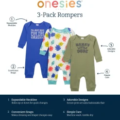 3-Pack Baby Boys Little Dude Lap Shoulder Rompers