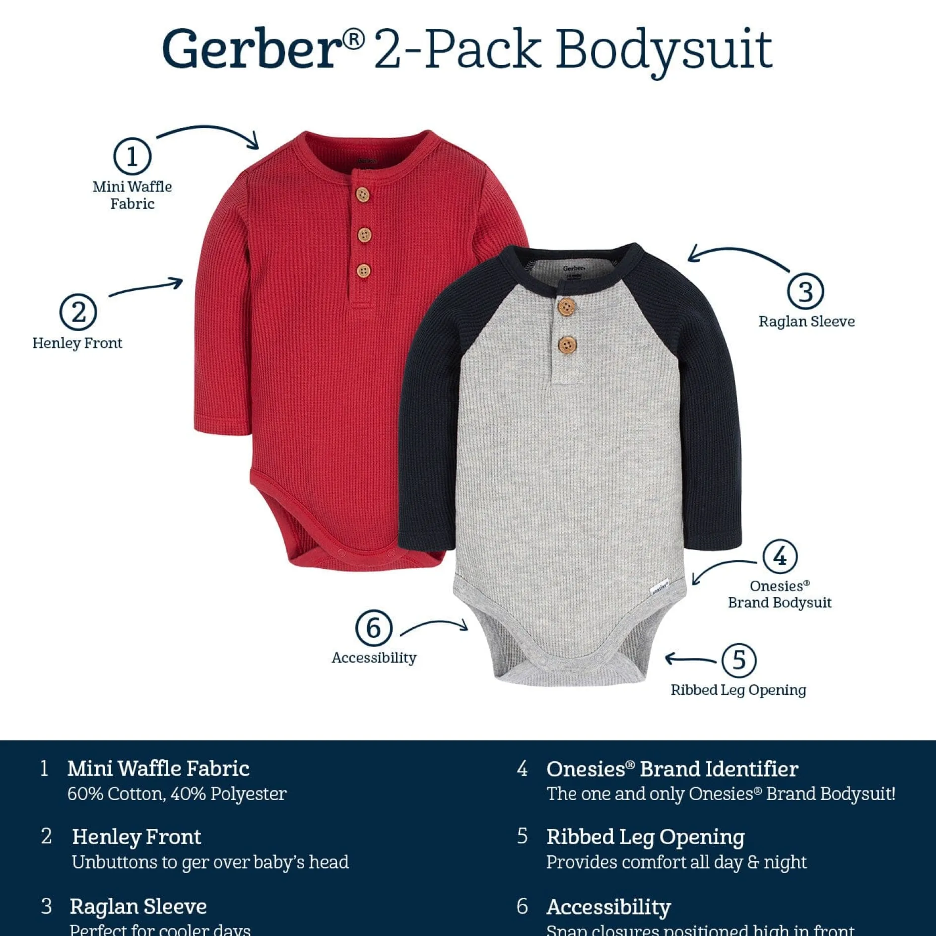 2-Pack Baby Boys Red & Heather Gray Long Sleeve Henley Onesies® Bodysuits