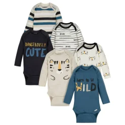 6-Pack Baby Boys Tiger Long Sleeve Onesies® Brand Bodysuits