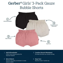 3-Pack Baby Girls Black, Tan Dot & Pink Gauze Bubble Shorts