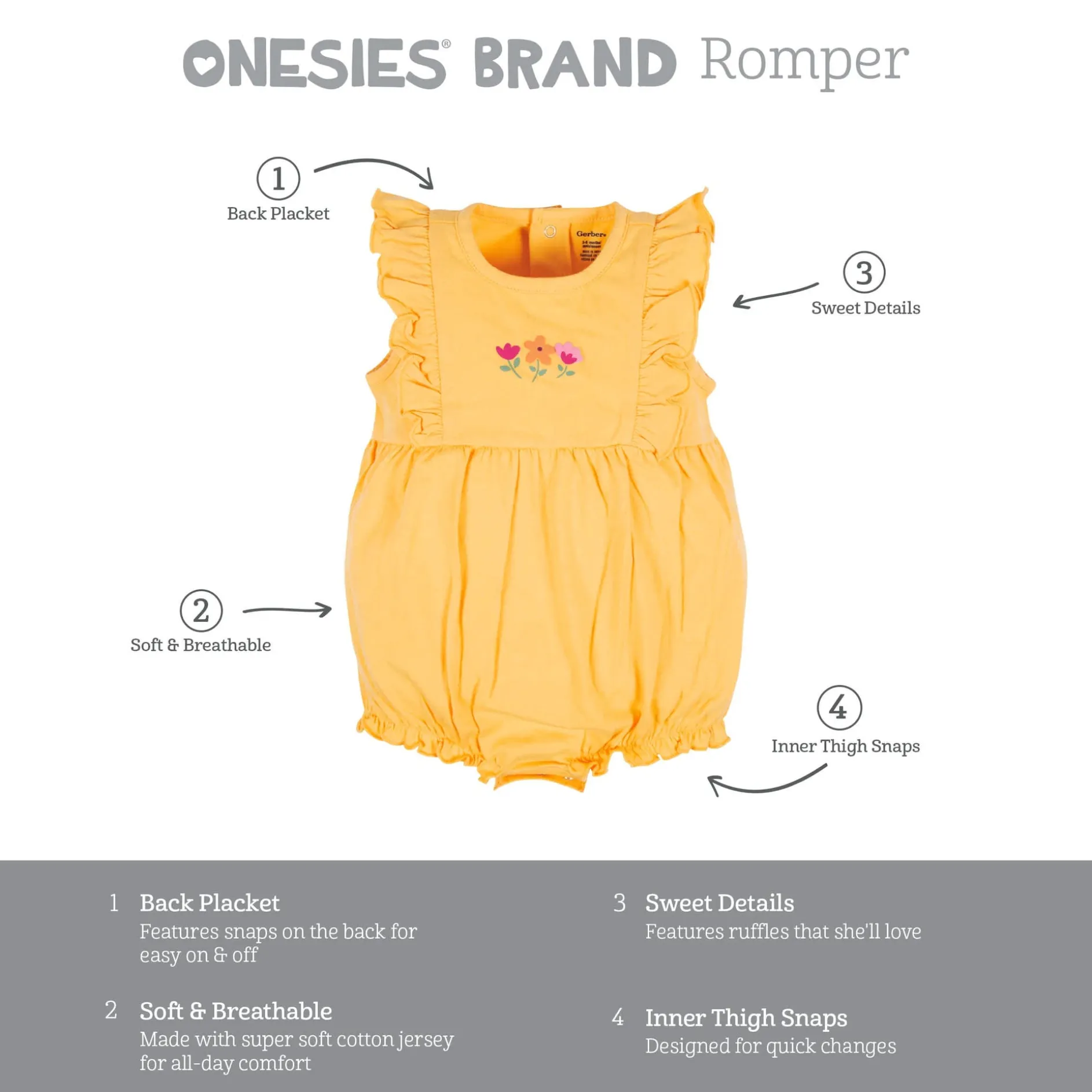 3-Pack Baby Girls Floral Fox Rompers