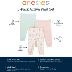 3-Pack Baby Girls Flowers Active Pants