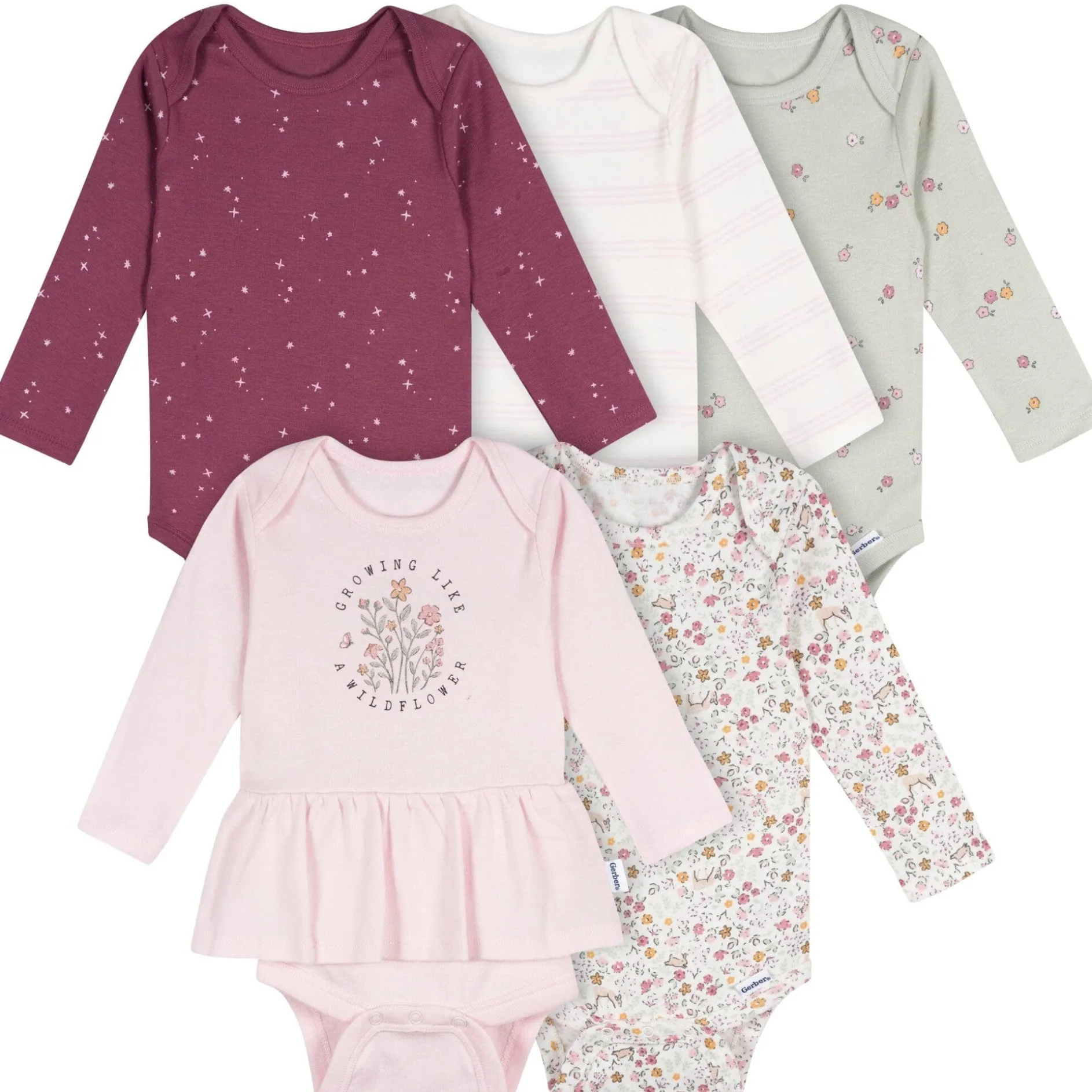 5-Pack Baby Girls Flowers Long Sleeve Bodysuits