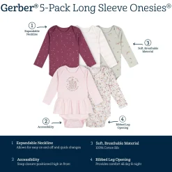 5-Pack Baby Girls Flowers Long Sleeve Bodysuits