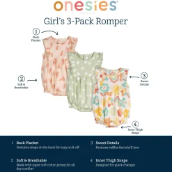 3-Pack Baby Girls Garden Rompers