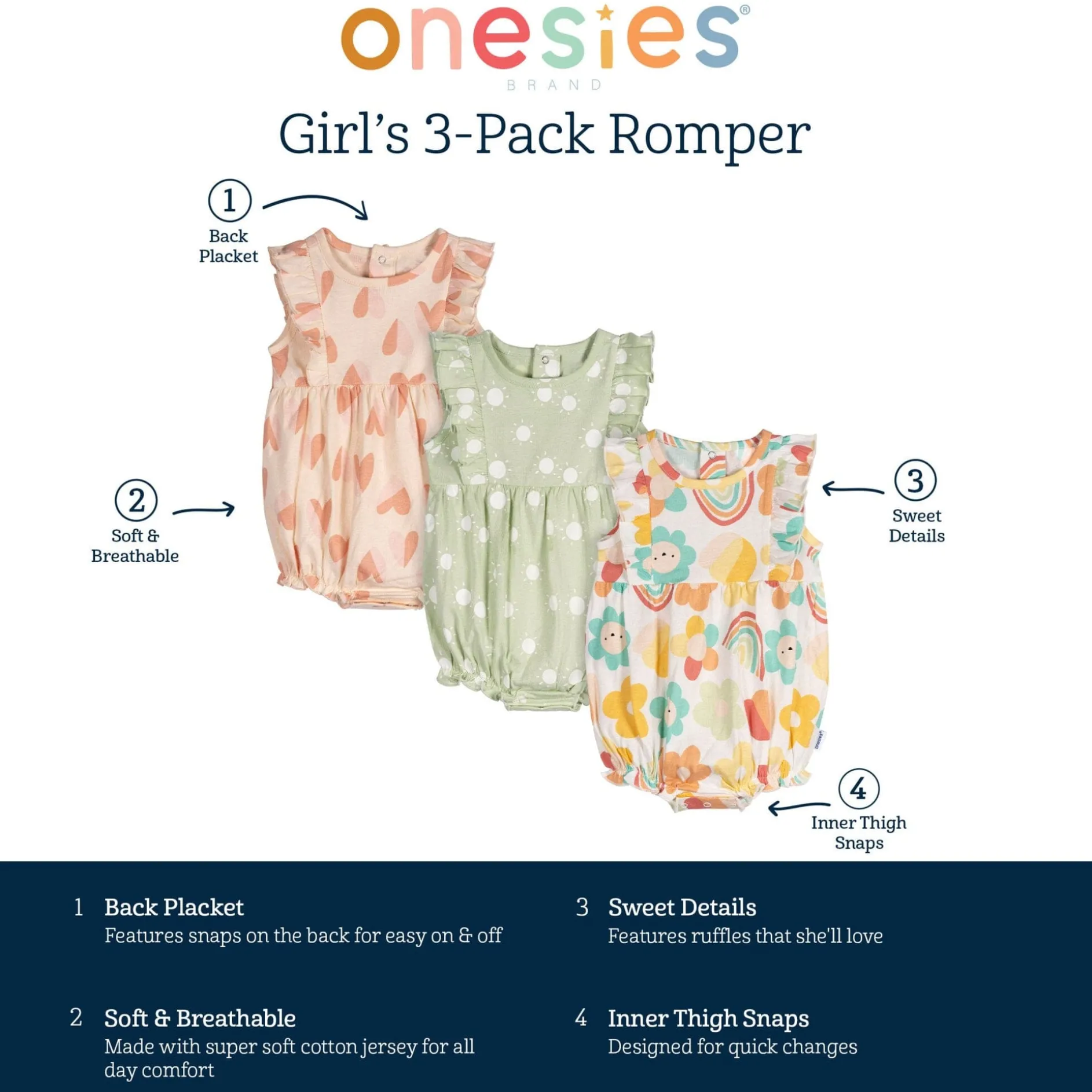 3-Pack Baby Girls Garden Rompers