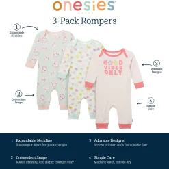 3-Pack Baby Girls Good Vibes Lap Shoulder Rompers