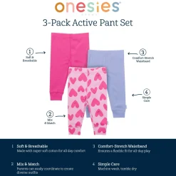 3-Pack Baby Girls Hearts Active Pants