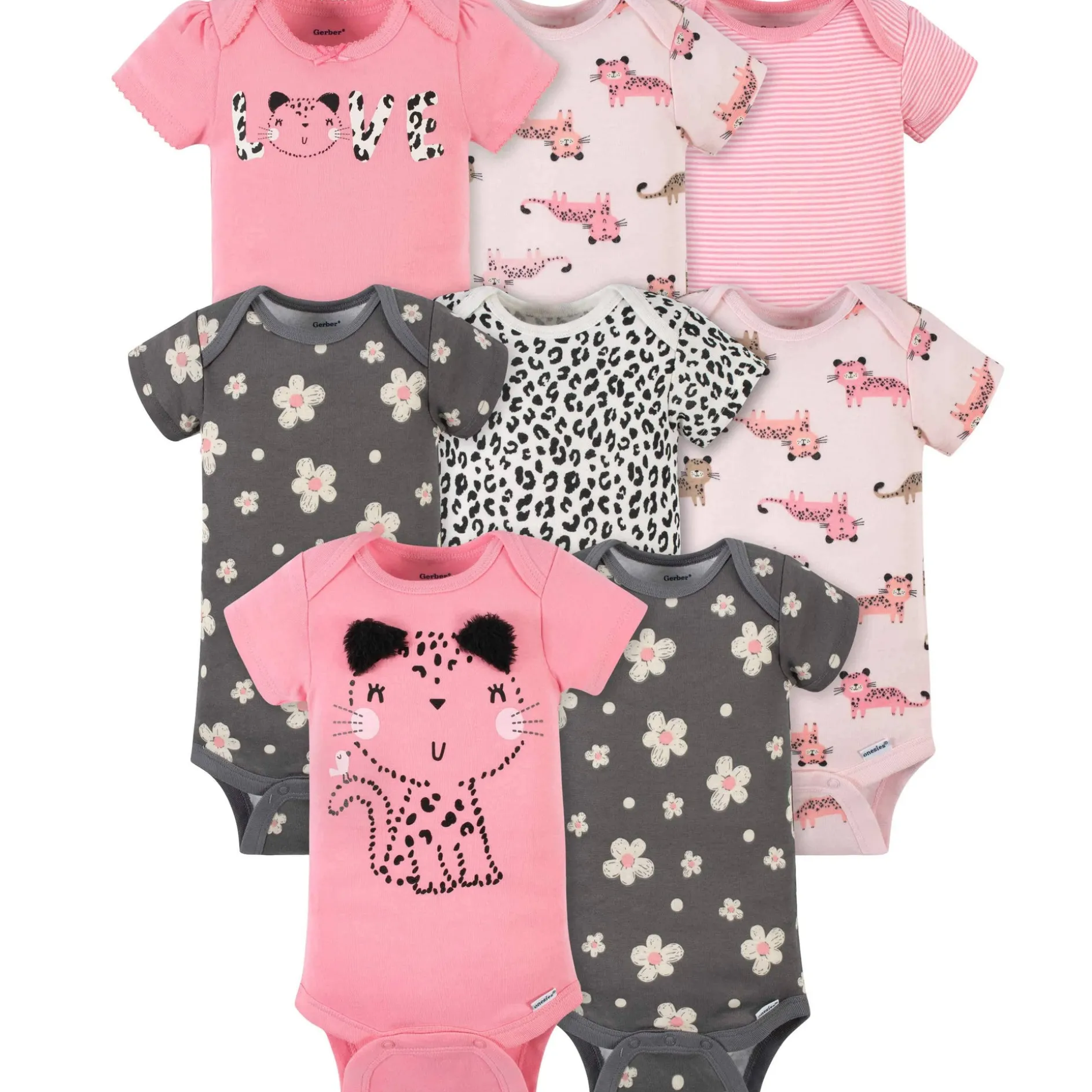8-Pack Baby Girls Leopard Short Sleeve Onesies® Bodysuits