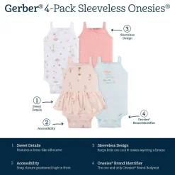 4-Pack Baby Girls Pink Flamingo Sleeveless Onesies® Bodysuits