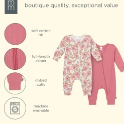 2-Pack Baby Girls Pink Flower Zip Front Viscose Rompers