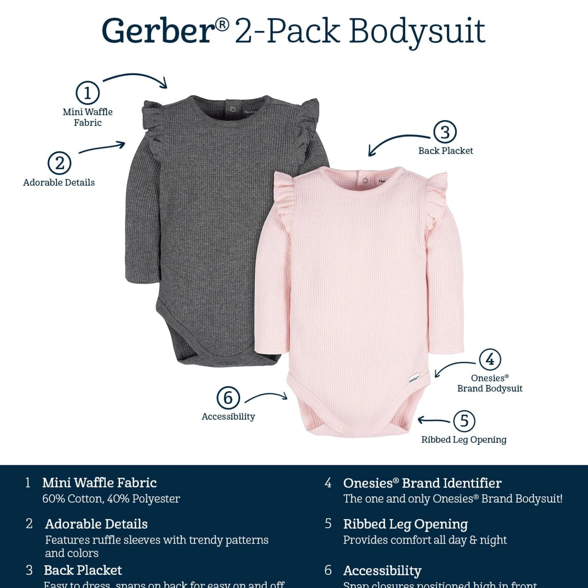 2-Pack Baby Girls Pink & Gray Long Sleeve Onesies® Bodysuits