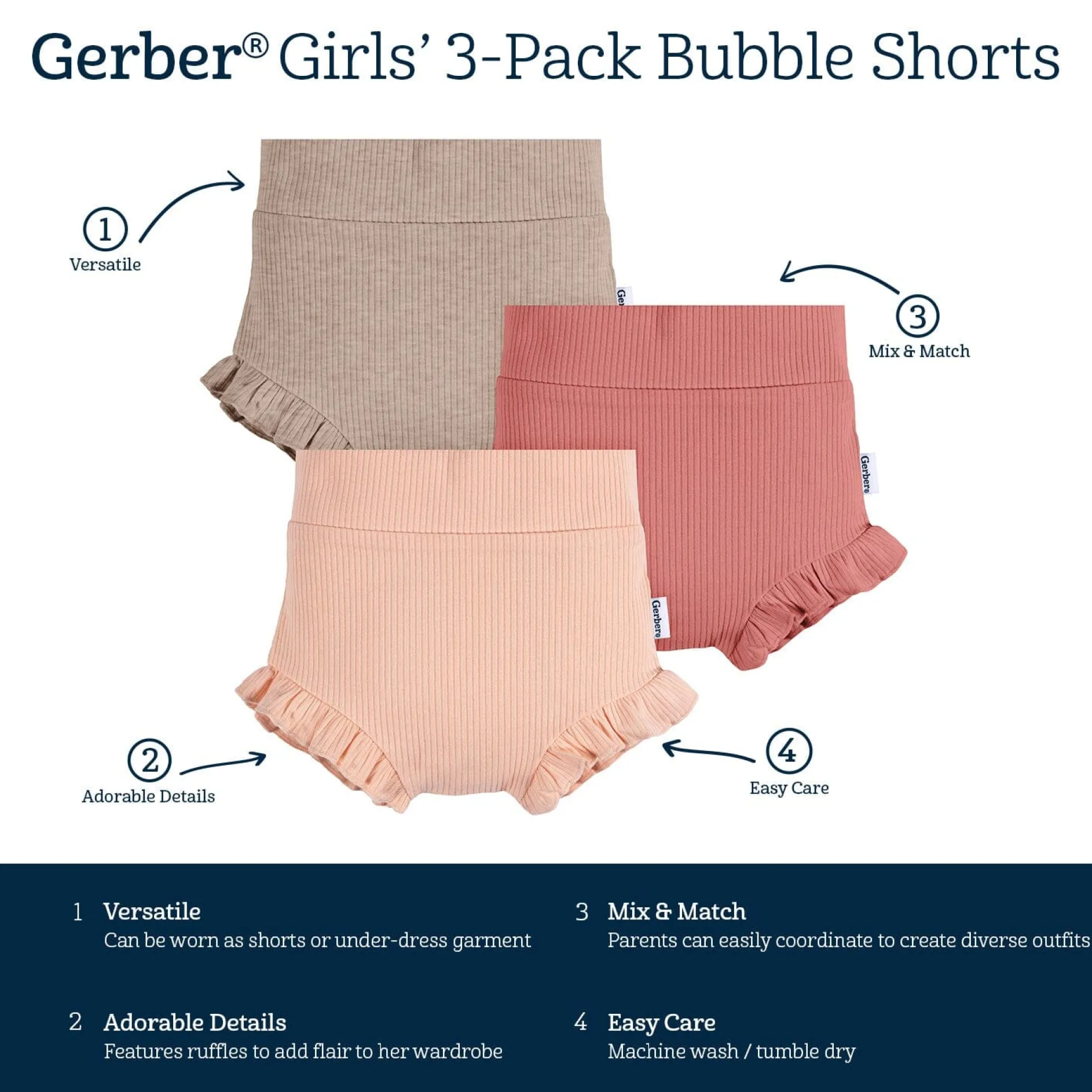 3-Pack Baby Girls Pinks & Oatmeal Bloomer Shorts
