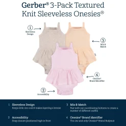 3-Pack Baby Girls Purple, Oatmeal, & Peach Sleeveless Skirted Onesies® Bodysuits