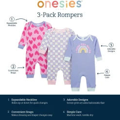 3-Pack Baby Girls Rainbows and Hearts Lap Shoulder Rompers